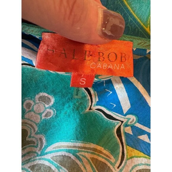 Hale Bob Shirt Women Small Green Blue Silk Beaded V Neck Ruched Sleeve Blouse - Picture 10 of 12